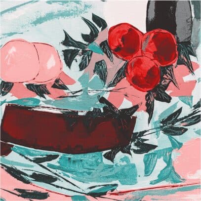 A screen printed floral pattern in pink, teal and deep red