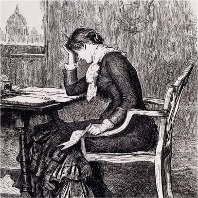 A Victorian pen and ink engraving of a woman in period dress writing at a desk