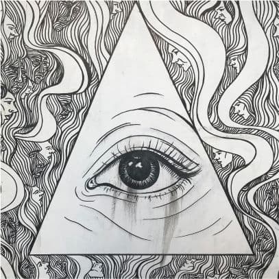 A black and white ink drawing of a single eye inside a triangle surrounded by flowing hair
