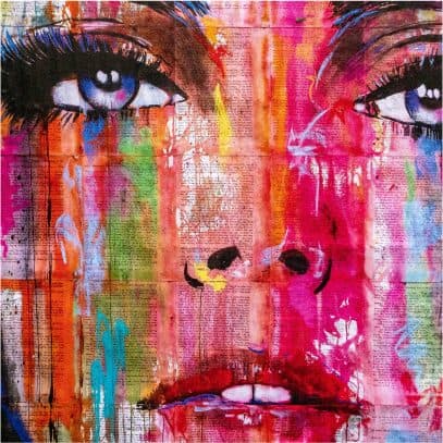 A painted portrait of a face in vivid pink, orange and blue brushed over newsprint