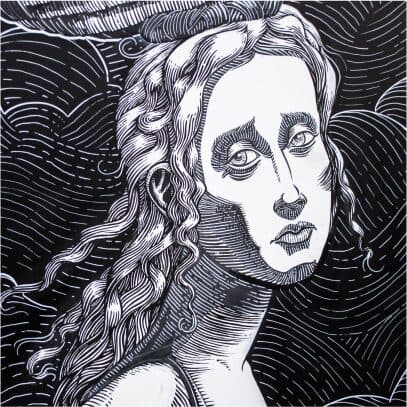 A black and white lino style print of a woman with long wavy hair