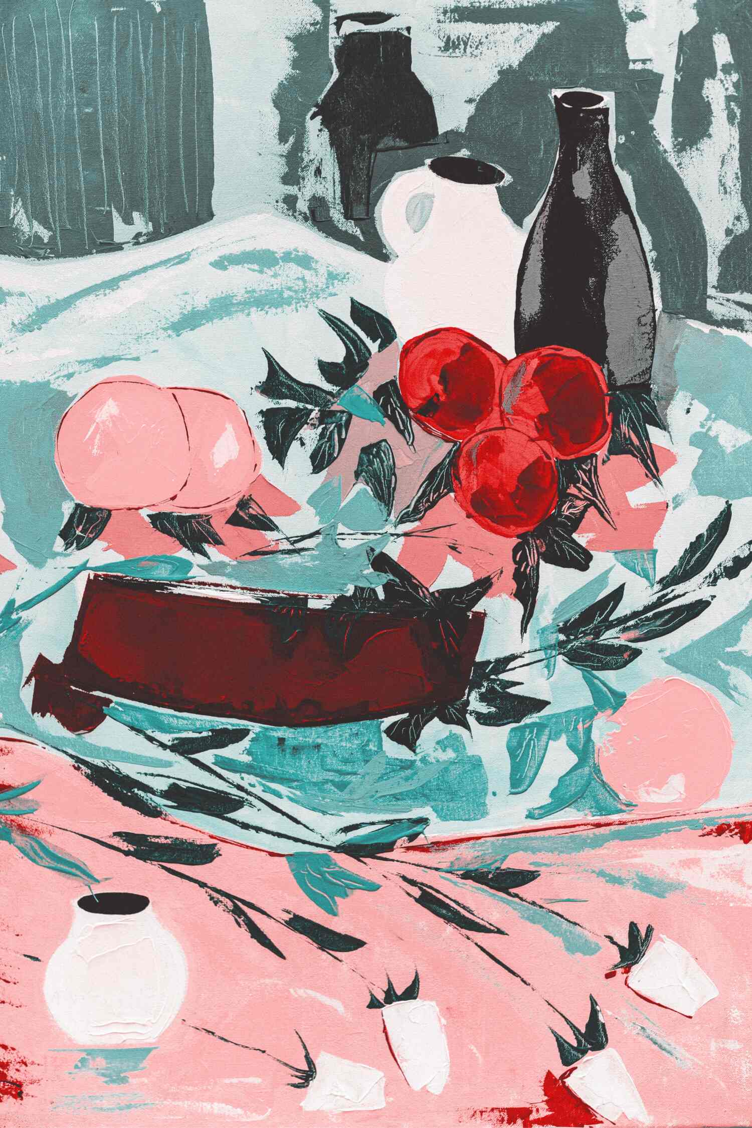 A screen printed floral pattern in pink, teal and deep red